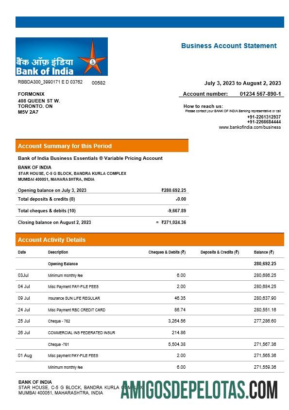 Realista Bank Of India Company Extrato de conta corrente modelo Word e PDF